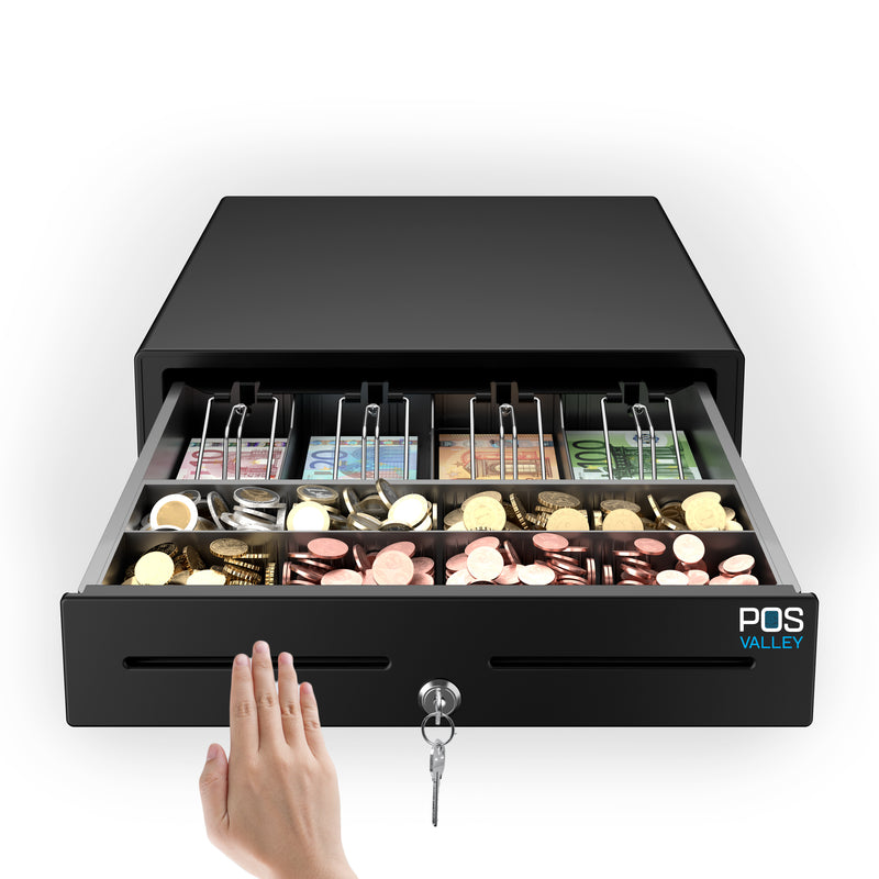 Large Cash Drawer POSV-410 Manual, 4 Banknotes/8 Coins, Black