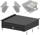 Cassetto per Registratore di Cassa POS VALLEY con staffe metalliche di montaggio sotto il bancone - Interno 4 Banconote / 8 Monete (Euro), 24V RJ11/12, 41x41x11cm, Nero