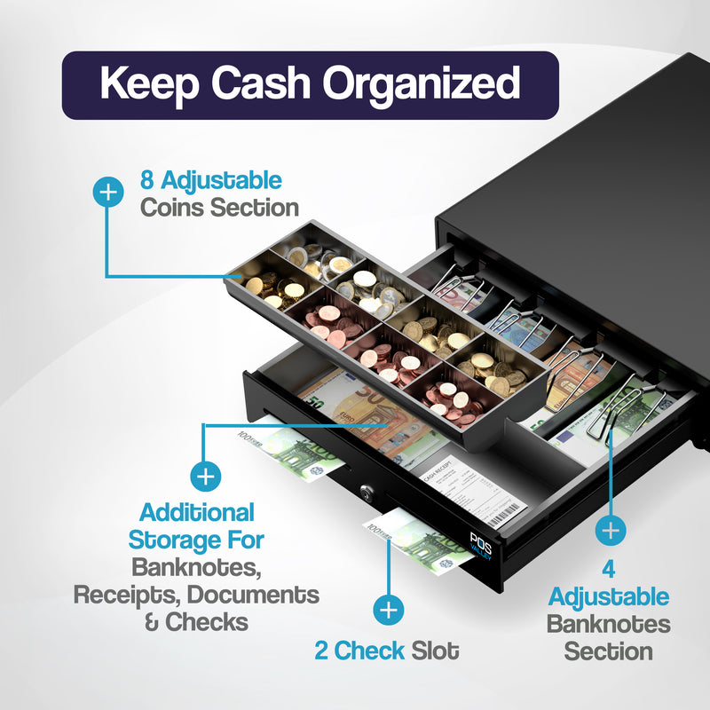 Large Cash Drawer POSV-410 Manual, 4 Banknotes/8 Coins, Black