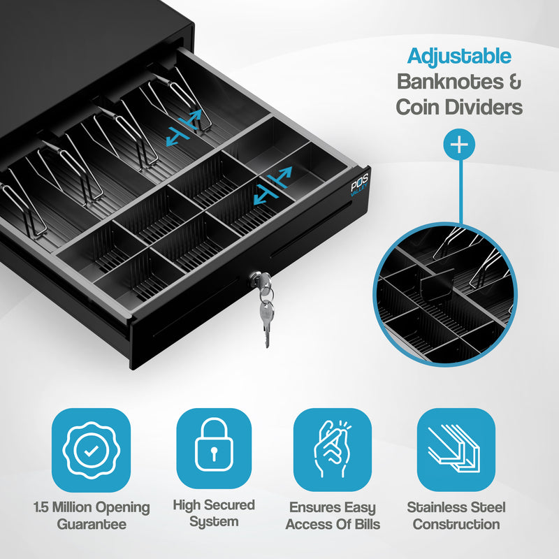 Large Cash Drawer POSV-410 Manual, 4 Banknotes/8 Coins, Black