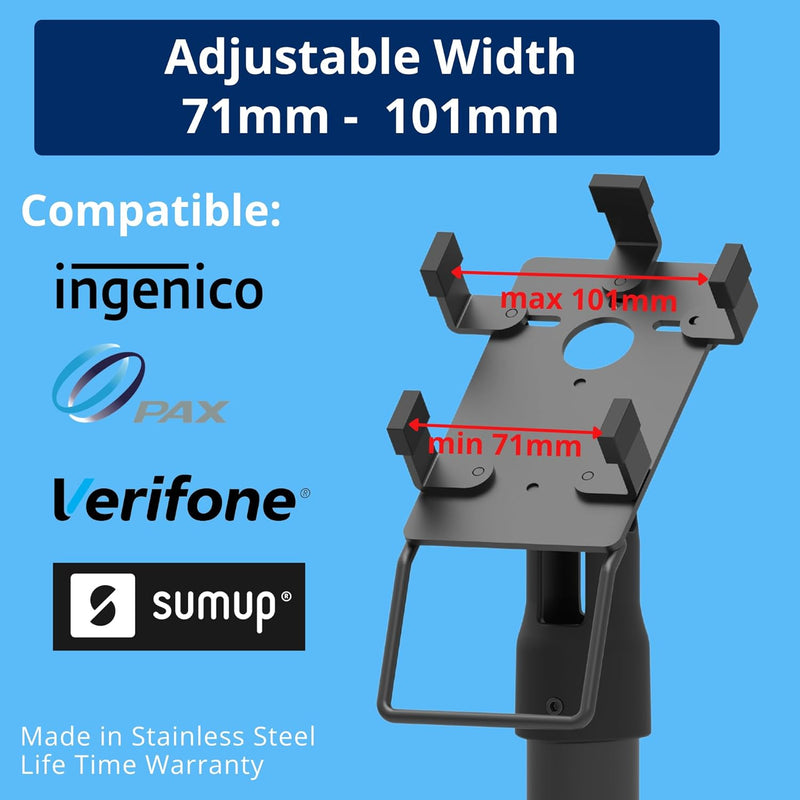POS VALLEY Supporto Ergonomico per Terminale di Pagamento POS da Banco Universale - Stand POS Bancomat con Maniglia, Rotazione 180° Inclinazione 45°, Montaggio con Viti o Adesivo