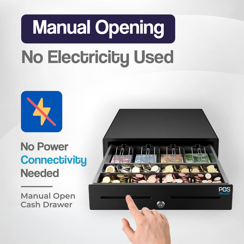 Large Cash Drawer POSV-410 Manual, 4 Banknotes/8 Coins, Black