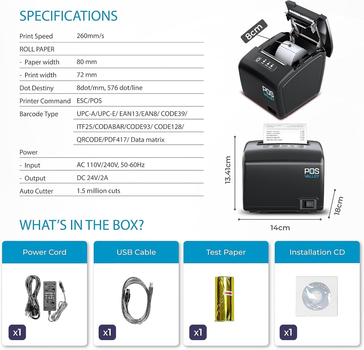 Imprimante Reçus Thermique 80 Mm - USB+LAN - Vitesse 220 Mm/s - Pour Commerce, Restaurant