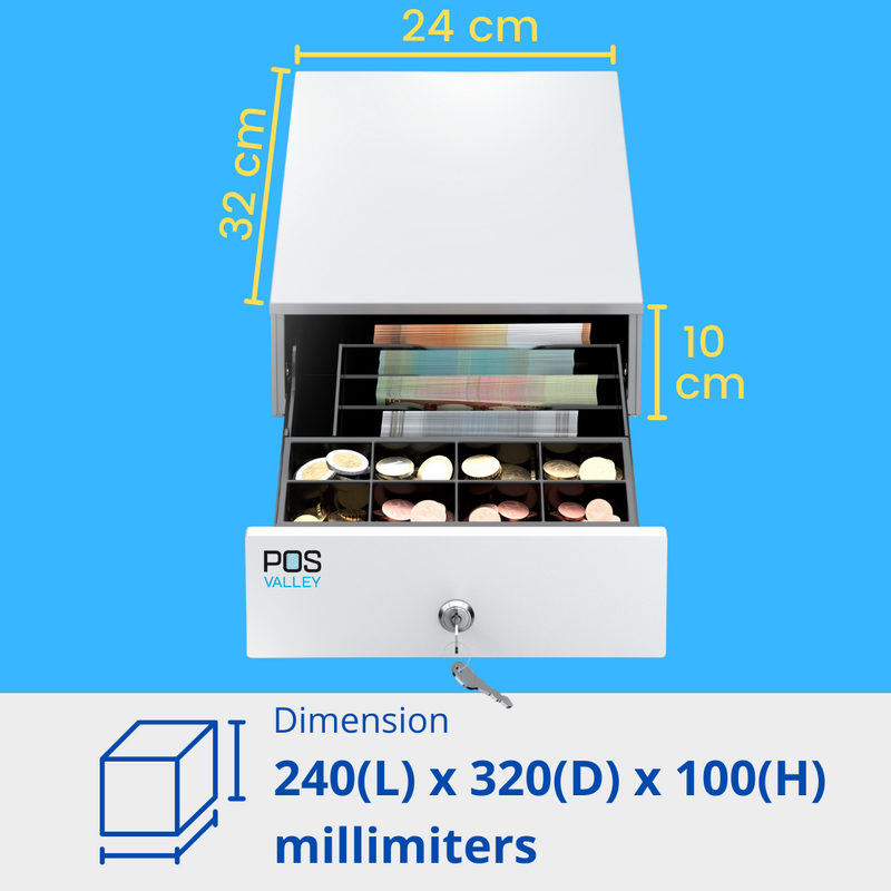 Tiroir-caisse Mini POSV-250 Mini, 4 Billets/8 Pièces, Blanc, RJ