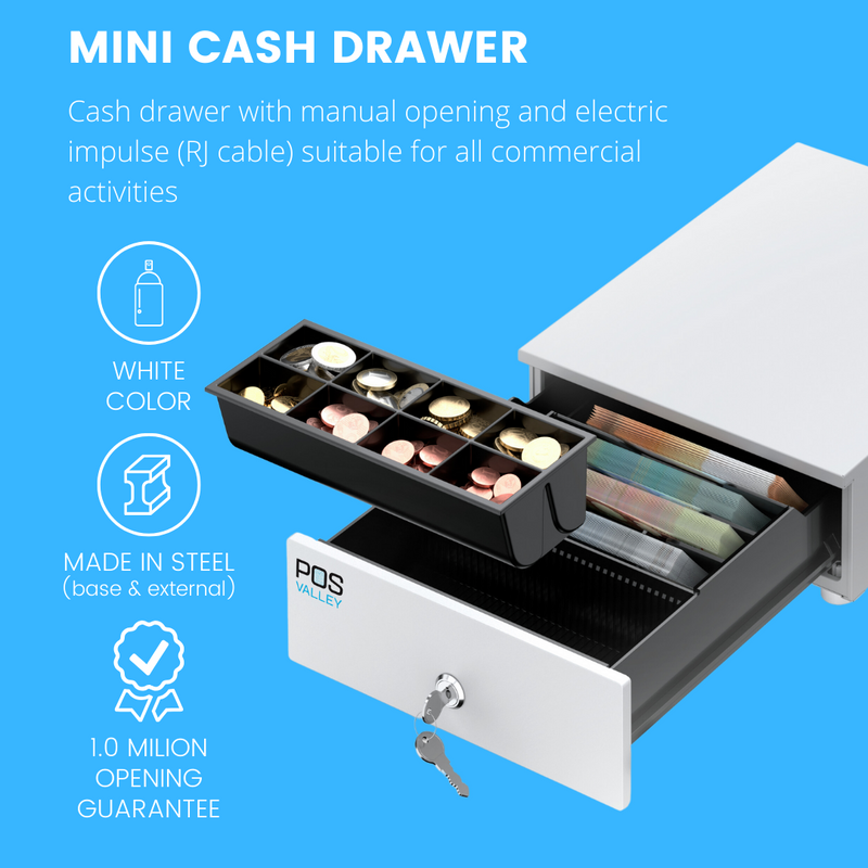 Tiroir-caisse Mini POSV-250 Mini, 4 Billets/8 Pièces, Blanc, RJ