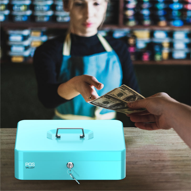 Portable Cash Box with Key Lock, light blue