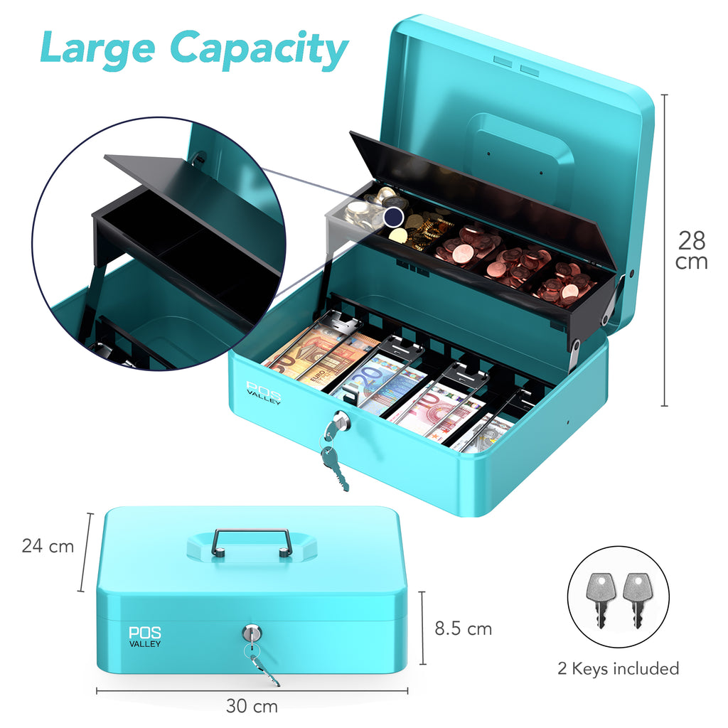 Portable Cash Box with Key Lock, light blue
